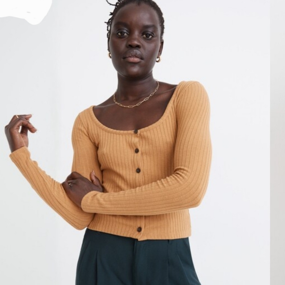 Madewell Ribbed Cardigan Crop Tee Tan Long Sleeve Scoop Neck Minimalist ChicM